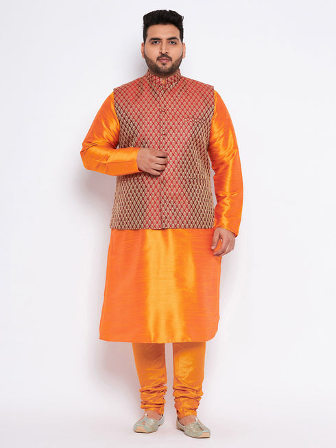 Vastramay Men's Plus Size Maroon Woven Nehru Jacket With Orange Kurta And Pyjama Set